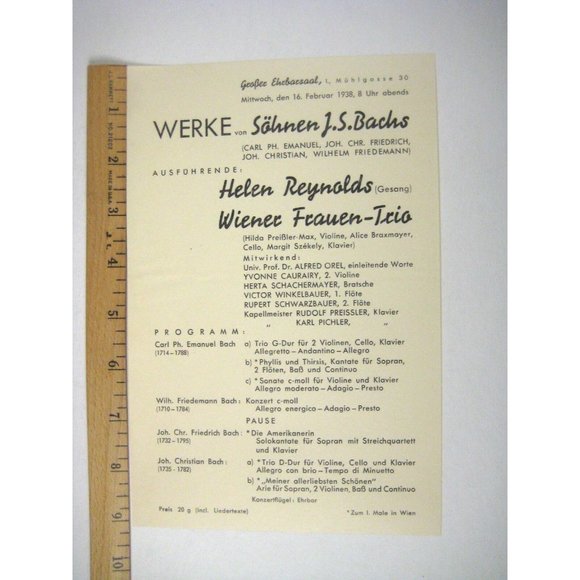 Grober Ehrbarsaal Sheet Ad 1938 Vienna Austria German Werke Bach Concert - Picture 2 of 3